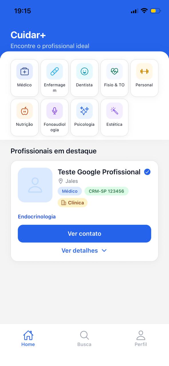 Tela inicial do paciente no app Cuidar+